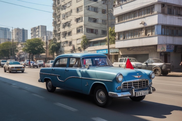 Pyongyang Corea del Nord 9 ottobre 2019 Vecchia auto blu che guida in strada di Pyongyang con la bandiera della Corea del Nord