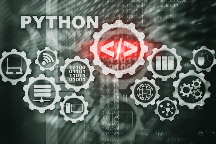 Photo python programming language on server room background programing workflow abstract algorithm concept on virtual screen