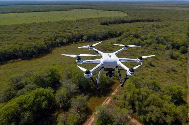 Quadcopter Drone in volo sopra la foresta