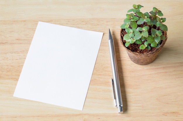 Quaderno bianco con piccole piante in vaso ecologico su un'immagine di tavolo in legno utilizzata per aggiungere testo o messaggio educativo verde nota bianca fresca con matita