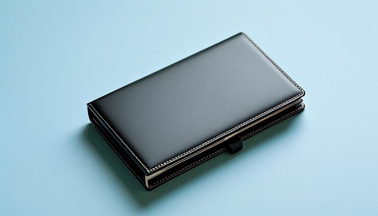 Quaderno di pelle nera su sfondo blu