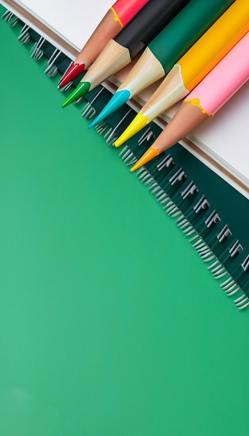 Quaderno di primo piano e matite colorate su uno sfondo verde