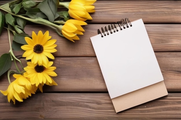 Quaderno per la festa della madre e fiori su sfondo di legno