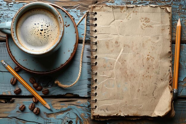 Quaderno vuoto e caffè su un tavolo di legno