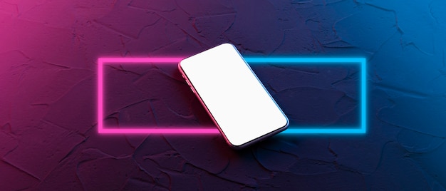 Quadrato al neon astratto con linee luminose. Elemento di design per il tuo annuncio. Smartphone telaio meno schermo vuoto. Dispositivo generico mockup. Modello per infografica o presentazione. Interfaccia di progettazione UI/UX