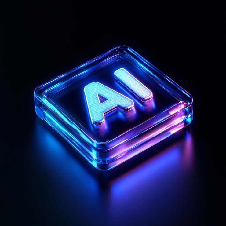 Quadrato blu a gradiente di vetro con lettere AI in design isometrico in stile gioco concetto di AI