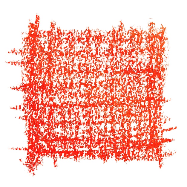Quadrato di pastello rosso isolato su sfondo bianco. Trama disegnata a mano