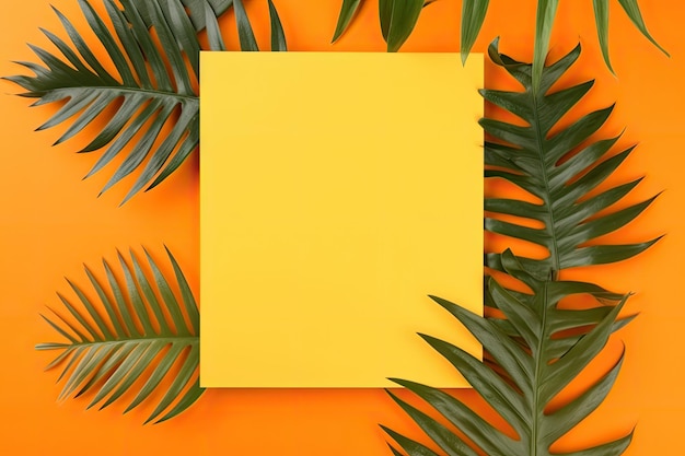 Quadrato giallo con foglie verdi su sfondo arancione