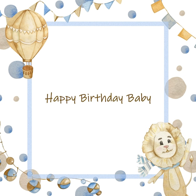 Quadrato sfere acquerello cucciolo di leone carino palloncino ad aria calda nastri ghirlande bandiere illustrazioni per bambini in beige blu toni pastello per biglietti da visita cornici per foto cartoline inviti