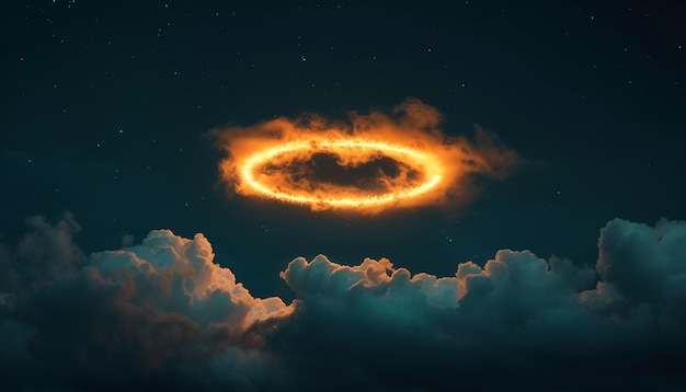 Quadro a cerchio luminoso al neon che brilla nelle nuvole