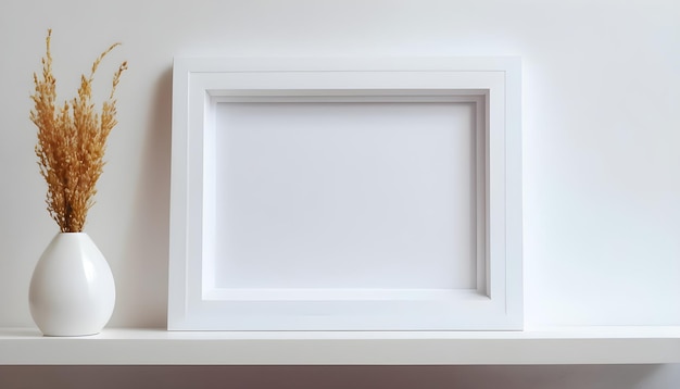 Quadro bianco appoggiato su uno scaffale bianco in un interno luminoso sullo sfondo vuoto della parete