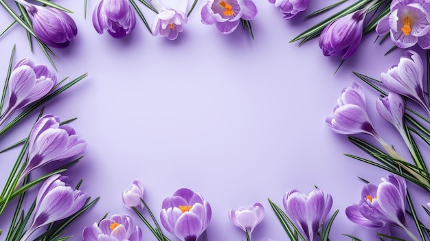 Quadro con una composizione di fiori di crocus su uno sfondo viola chiaro
