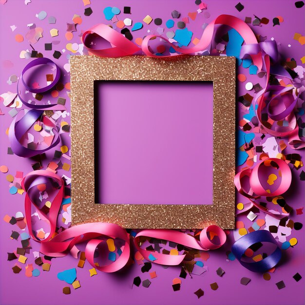 Quadro d'oro luccicante su sfondo viola con nastri di festa e confetti