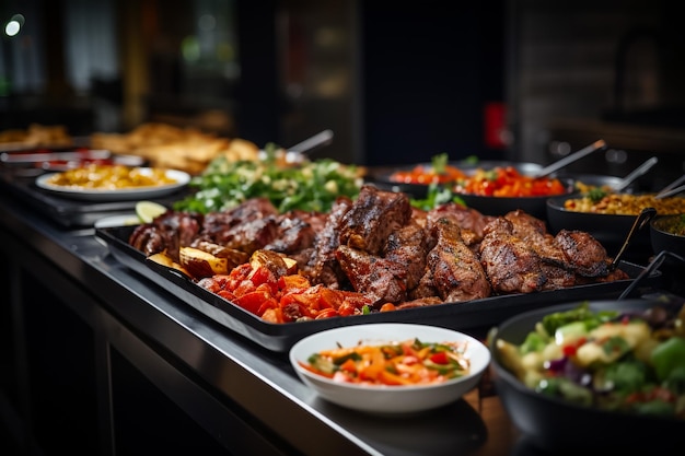 Quadro di bistecca alla griglia verdure alla griglia patate insalata snack diversi e limonata fatta in casa vista dall'alto tavolo da cena concetto