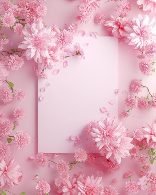 Quadro di fiori di ciliegio petali e crisantemi rosa su uno sfondo rosa pastello Fiore