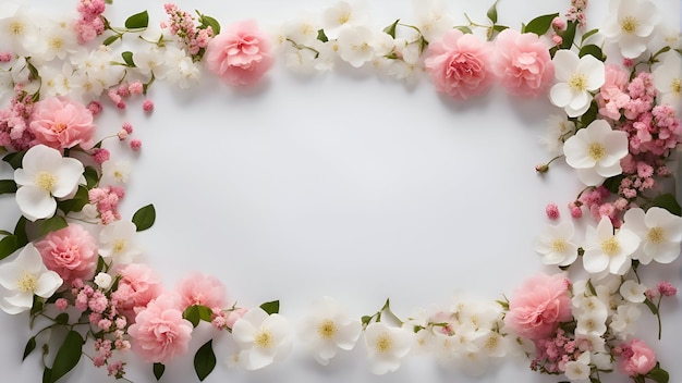 Quadro di fiori rosa su uno sfondo bianco Vista superiore piatta