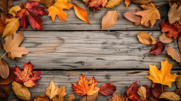 Quadro di foglie d'autunno con sfondo di legno AI generativo