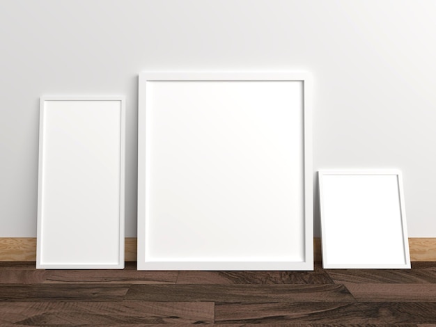 Quadro di immagine vuoto o modellazione di cornici sul pavimento in legno 3D