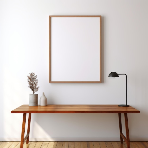 Quadro di ritratto di tavolo minimalista appeso alla parete bianca