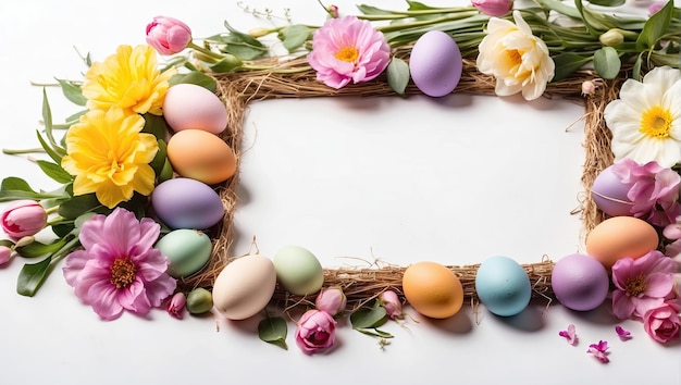 Quadro di uova di Pasqua multicolore con fiori primaverili carta di Pasqua con uno spazio per il testo sfondo rustico di Pasqua generato dall'IA