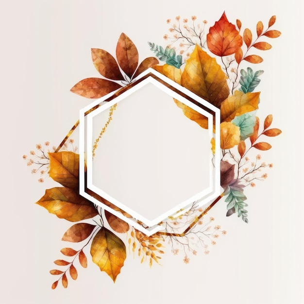 Quadro esagonale con foglie d'autunno acquerello dipinto isolato su sfondo bianco Tema di vintage minimal art design in geometria Finest generative AI