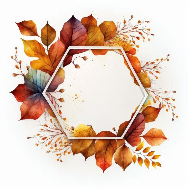 Quadro esagonale con foglie d'autunno acquerello dipinto isolato su sfondo bianco Tema di vintage minimal art design in geometria Finest generative AI