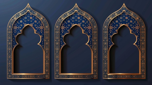 Quadro in forma araba per intestazione e congratulazioni di testo Set di illustrazioni moderne realistiche di bordo di arco blu con decorazioni dorate Modello di casella di testo e banner semplice