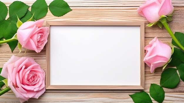 Quadro in legno con spazio per il testo circondato da fiori di rosa su uno sfondo in legno vista superiore