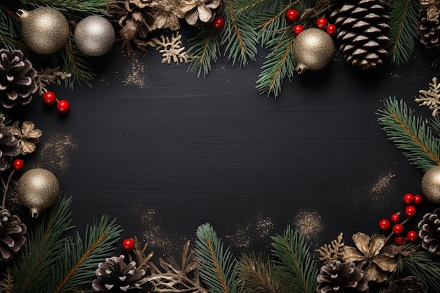 Quadro natalizio di decorazioni natalizie dorate e blu su tavola di gesso generata dall'AI