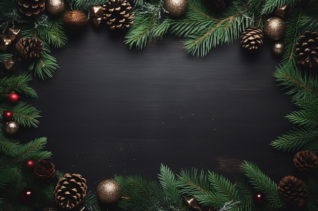 Quadro natalizio di decorazioni natalizie dorate e blu su tavola di gesso generata dall'AI