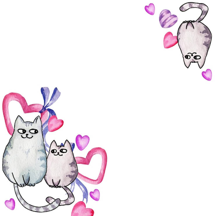 Foto quadro quadrato ad acquerello del tema del giorno di san valentino con cuore e caricature di gatti disegnati a mano