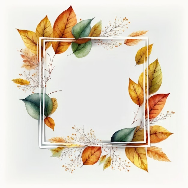 Quadro quadrato con foglie d'autunno acquerello dipinto isolato su sfondo bianco Tema di vintage minimal art design in geometria Finest generative AI