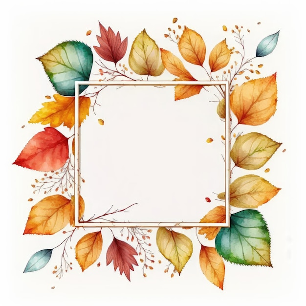 Quadro quadrato con foglie d'autunno acquerello dipinto isolato su sfondo bianco Tema di vintage minimal art design in geometria Finest generative AI