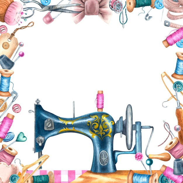 Quadro quadrato con forbici bottoni macchina da cucire illustrazione ad acquerello disegnata a mano delle forniture