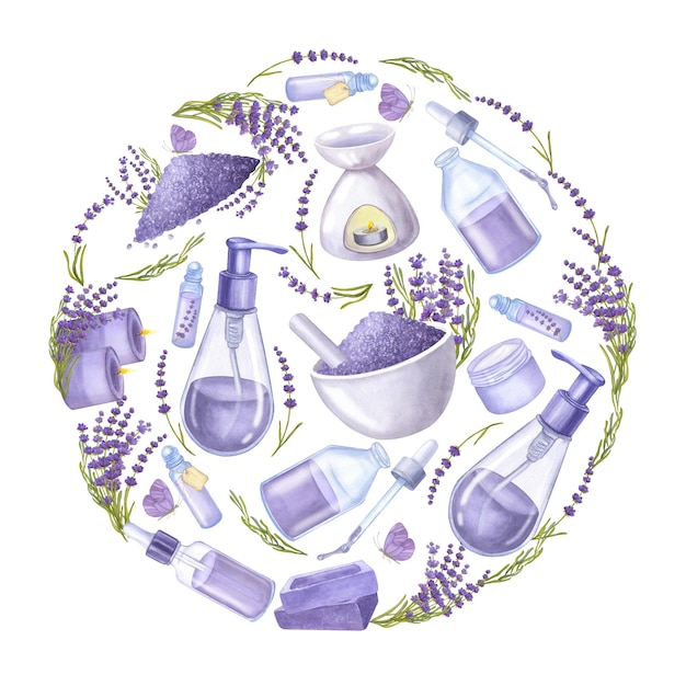 Quadro rotondo fiori di lavanda viola oli essenziali bottiglie di cosmetici acquerello illustrazione isolata