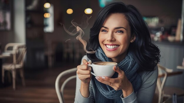 Quadro sopra di una sorridente donna dai capelli scuri felice che beve caffè in un caffè