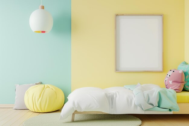 Quadro vuoto per opere d'arte in una camera da letto per bambini carini per creare un modello