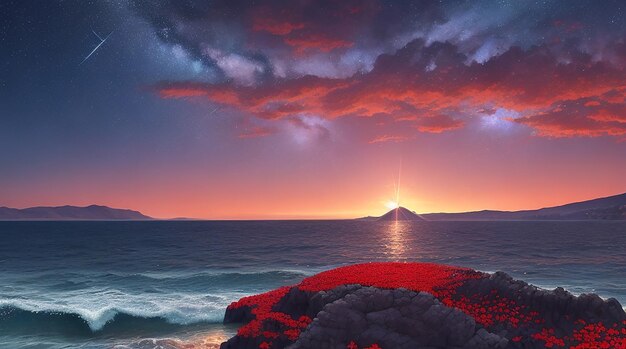 qualche piccolo diamante che brilla sopra un grande mare di gioielli con un cielo blu e rosso sullo sfondo