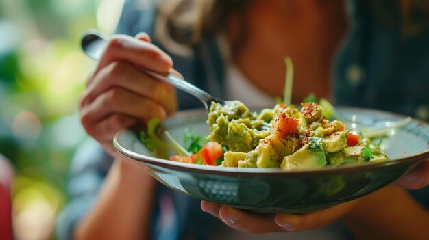 qualcuno che mangia un guacamole messicano