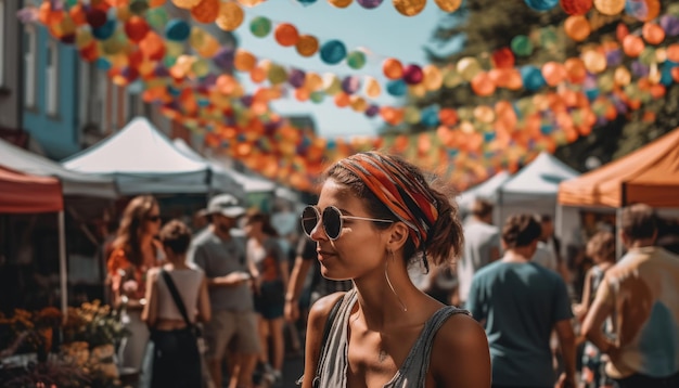 Qualcuno che si gode un festival estivo con folle di persone e decorazioni colorate IA generativa