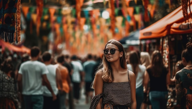 Qualcuno che si gode un festival estivo con folle di persone e decorazioni colorate IA generativa