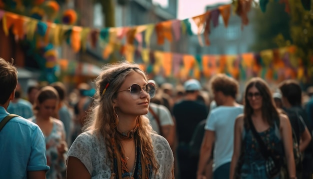 Qualcuno che si gode un festival estivo con folle di persone e decorazioni colorate IA generativa