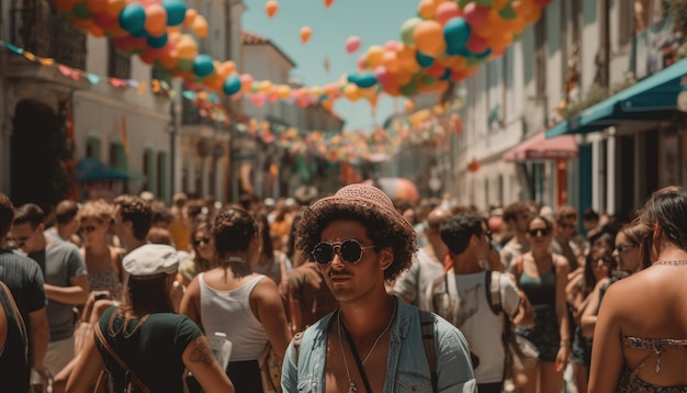 Qualcuno che si gode un festival estivo con folle di persone e decorazioni colorate IA generativa