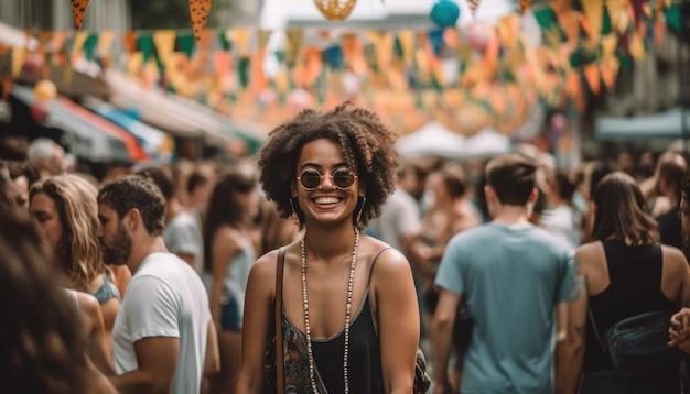 Qualcuno che si gode un festival estivo con folle di persone e decorazioni colorate IA generativa