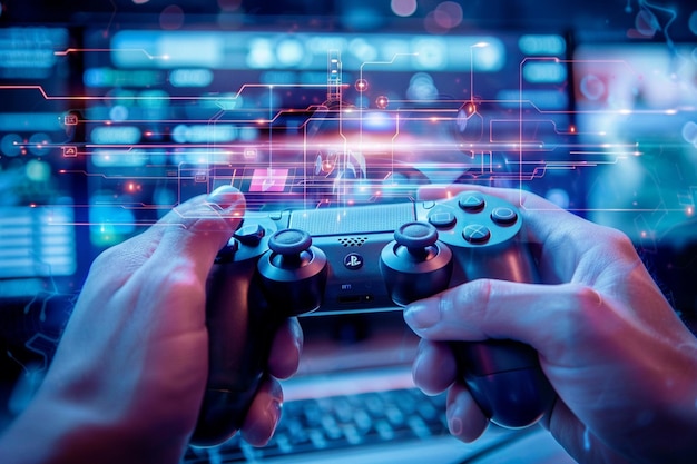 qualcuno che tiene in mano un controller di videogioco davanti a un portatile generativo AI