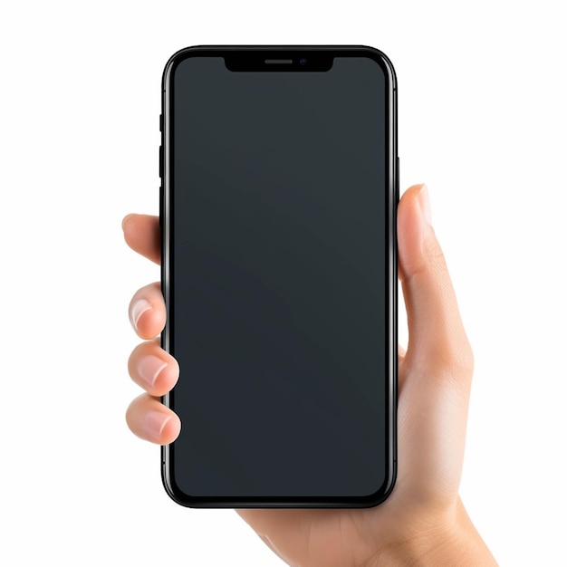 Qualcuno che tiene in mano un iphone nero su uno sfondo bianco ai generativo