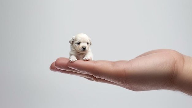 Qualcuno che tiene in mano un piccolo cucciolo bianco ai generativo
