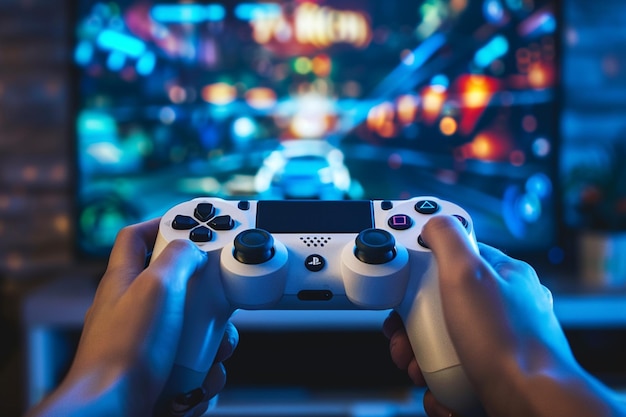 qualcuno che tiene un controller di videogioco davanti a un televisore generativo ai