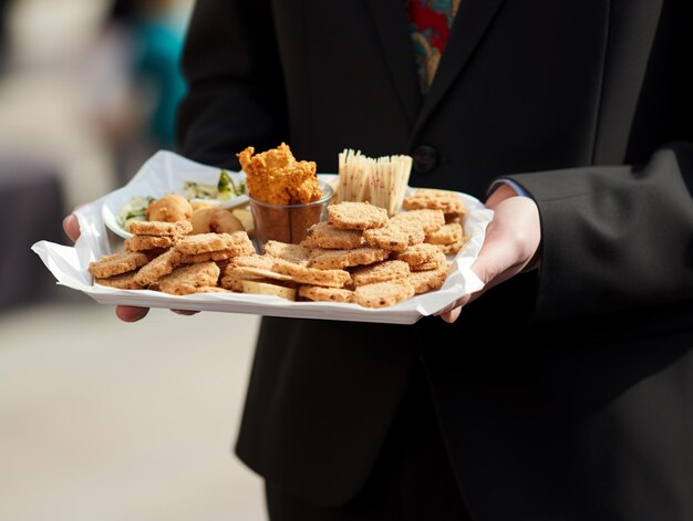 Qualcuno che tiene un piatto di cibo con crackers e dip generativo ai