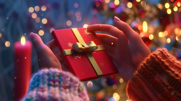 qualcuno che tiene un regalo rosso con un arco d'oro davanti a un albero di Natale generativo ai